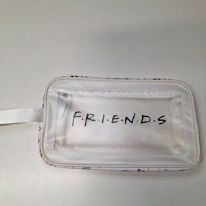Friends Themed White Travel Cosmetic Bag Doodles Clear Front Window Zip Closure